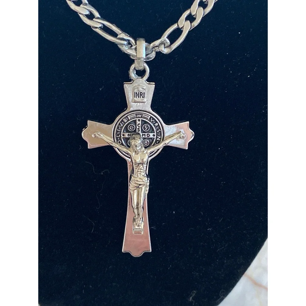 St Benedict Crucifix Pendant Necklace Silver Tone Figaro Chain Religious Cross